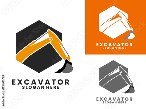 hydraulic excavator with hexagon logo design vector template.