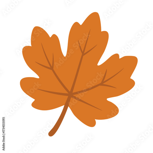 Orange autumn leaf in flat doodle style, simple veins, seasonal foliage isolated on white background.