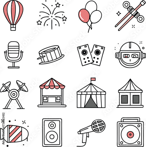 Festive celebration icons for event planning, holiday designs, and party decorations with balloon, fireworks, microphone and tent for memorable moments