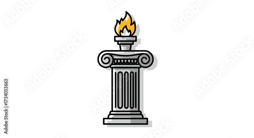 Illustration of a classical ionic column topped with a vibrant stylized flame emblem