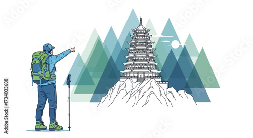 Illustration of a traveler pointing towards a pagoda on a mountain surrounded by triangles that
