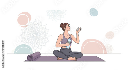 Illustration of a woman in lotus position meditating while holding a water bottle on a yoga mat