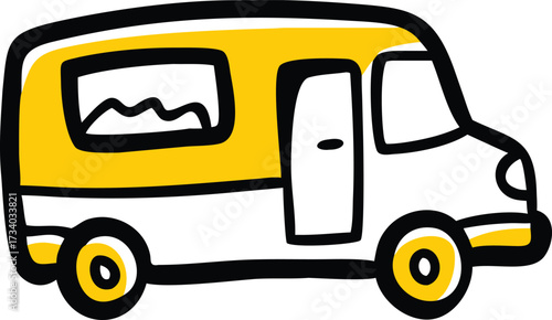 HandDrawn Yellow and White Camper Van Illustration with Thick Black Outlines