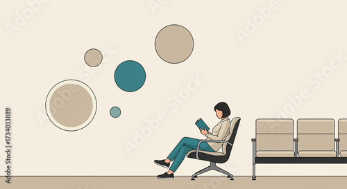 Illustration of a woman reading in a waiting room with a minimalist design, creates sense of calm