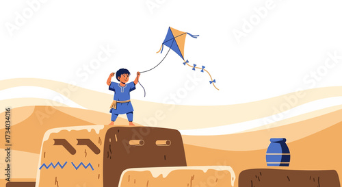Illustration of a young boy flying a kite in a desert landscape with traditional elements