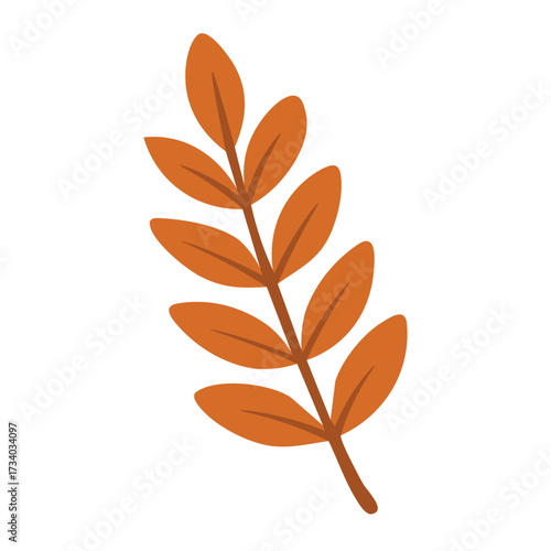 Autumn branch with small orange leaves in flat doodle style, isolated foliage illustration on white background.