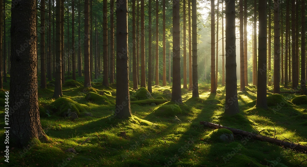 Obraz premium Sunlit forest landscape with tall trees and mossy ground