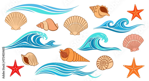 Summer beach elements collection with seashells starfish and waves illustration graphic