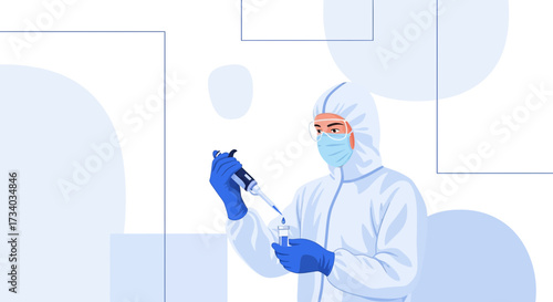 Illustration of scientist in hazmat suit performing lab research with pipette and vial