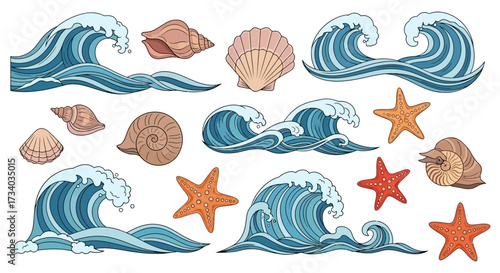 Hand-drawn collection of waves seashells and starfish for summer vacation projects design