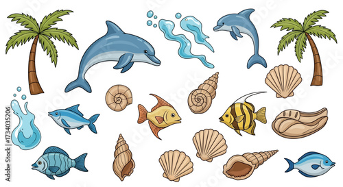 Delightful underwater world illustration featuring vibrant marine life and tropical elements for