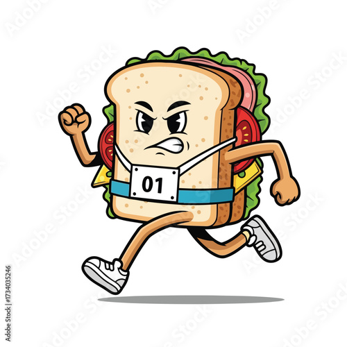 Vector illustration of cartoon sandwich character running a race with bib number 01