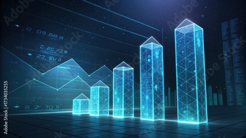 Geometric holographic prisms projecting financial data visualization