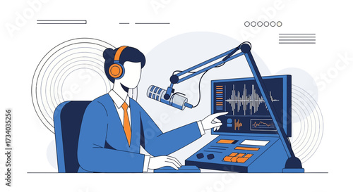 Illustration showcasing a podcast recording studio with a host in action audio waves editing