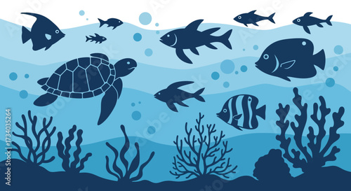 Underwater world silhouette illustration with marine life and coral reefs scene graphic design