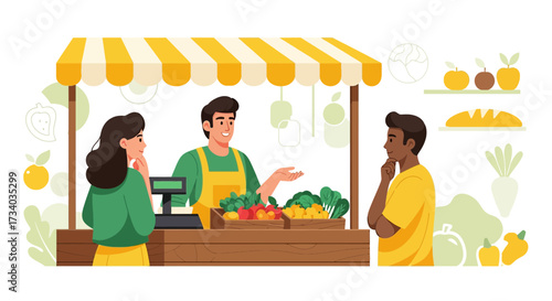 Illustration showcasing a vibrant farmers market scene with customers and vendor displaying fresh