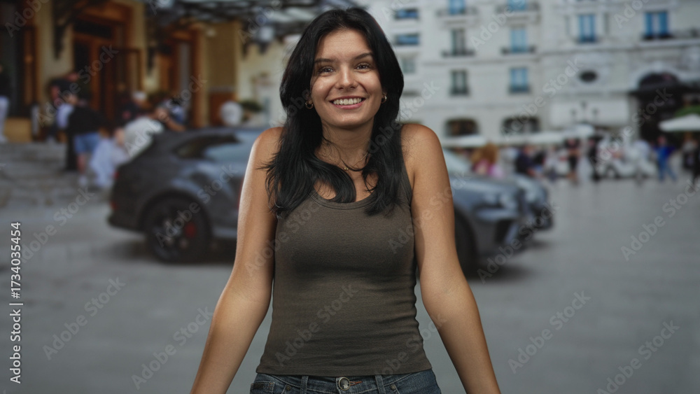 Fototapeta premium Young hispanic woman wearing tank top with hands on chest on city street with blurred building behind her; gratitude.
