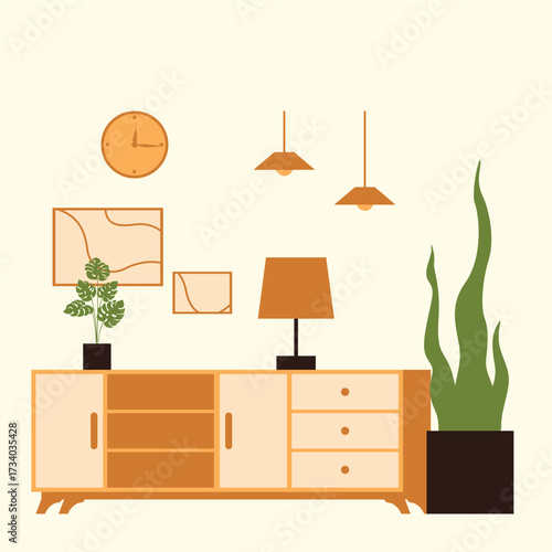 Home Interior modern tv stand with hanging lamps and plants