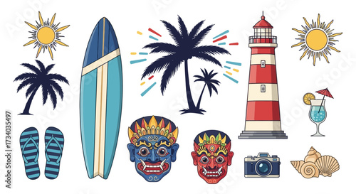 Tropical paradise vacation with surfing, cultural masks and iconic landmarks illustration