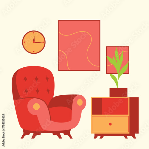 Home Interior red chair with side table and wall clock