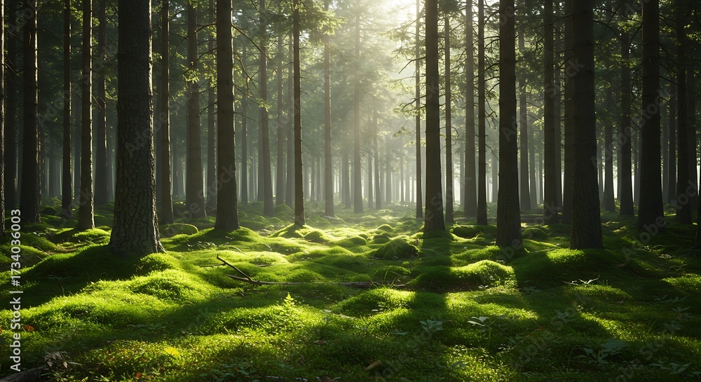 Fototapeta premium Sunlit forest scene tall trees and green undergrowth in natures embrace