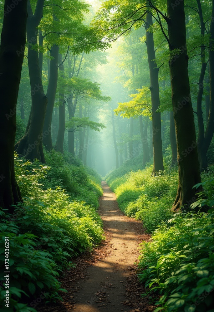Fototapeta premium Lush Green Trails Embracing Dense Vivid Forests Wilderness Adventure Serenity Flora