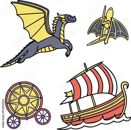 Mythical voyage with powerful dragons and Viking ship. Fantasy adventure awaits in enchanted realms, perfect for stories, games, and digital designs.