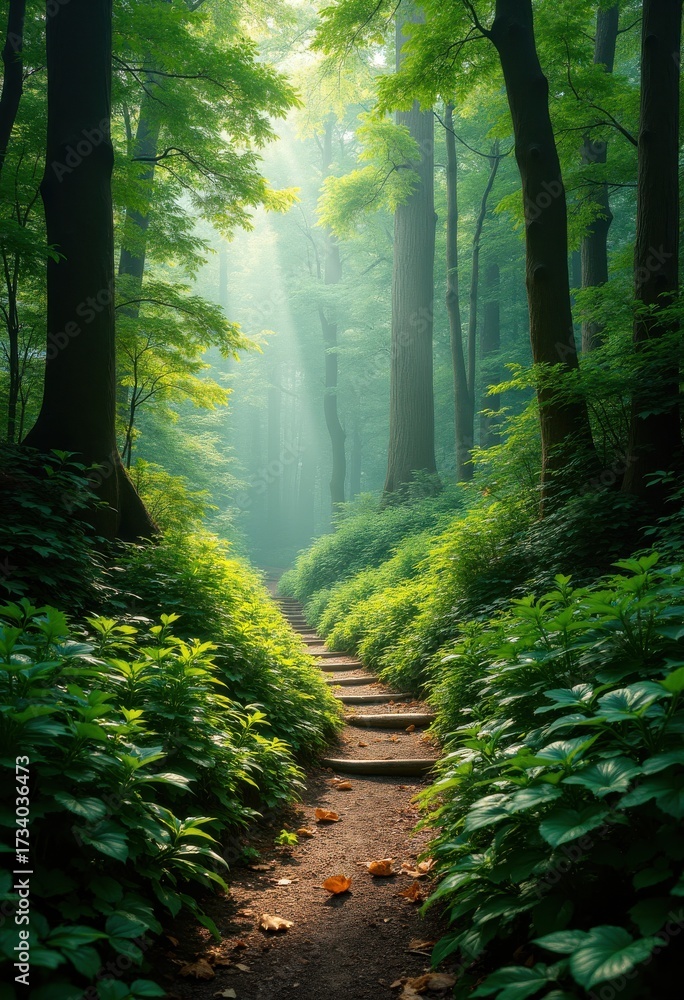 Fototapeta premium Lush Green Trails Inviting Exploration Through Dense Forests Enveloped in Nature's Beauty