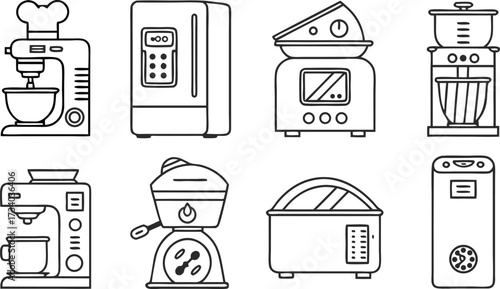 Modern kitchen appliances vector set for culinary projects, baking and cooking needs, perfect for food blogs, recipes, and chef designs.