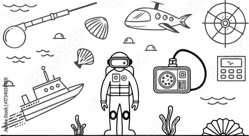 Explore the Deep with a Daring Astronaut Adventure, a line art illustration perfect for children's books and ocean exploration concepts