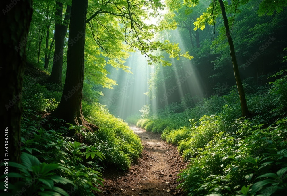 Obraz premium Lush Green Trails Winding through Dense Forests Vibrant Nature Pathways Sunlight Filtering through Canopy
