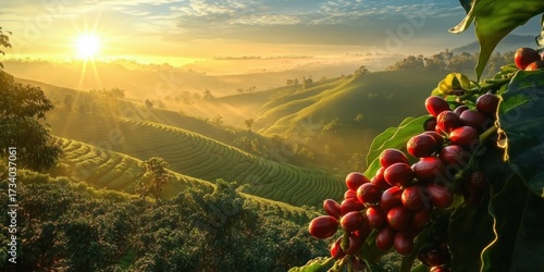 Wallpaper Mural Beautiful landscape coffee plantation rows plants red beans or farm Torontodigital.ca