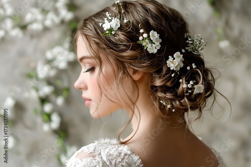 A whimsical bridal look with a loose, curly updo and small flowers pinned into the hair for a natural, ethereal vibe