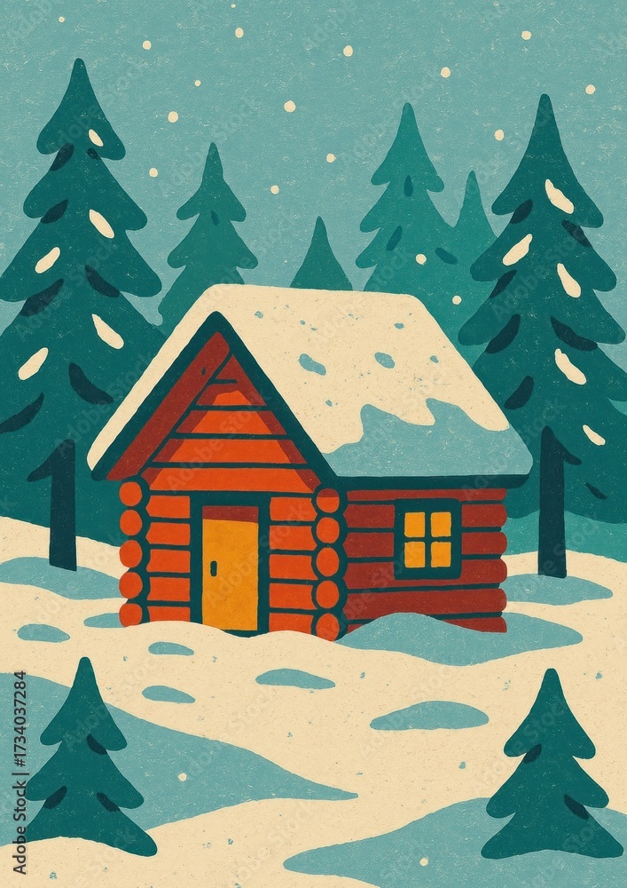 Naklejka premium Cozy cabin in snowy forest.