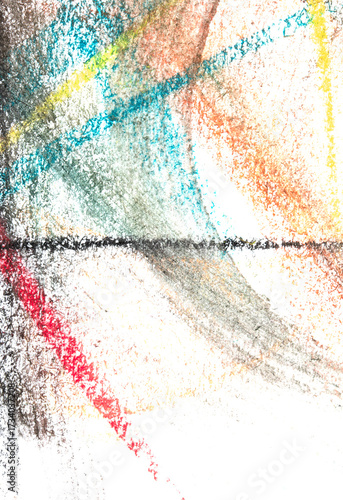 Abstract Swirls and lines made with soft pastel crayon on white background rainbow colour creative brush stroke