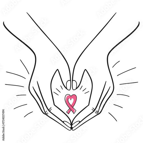 Open hands gently protecting a pink heart ribbon with radiating lines on transparent background