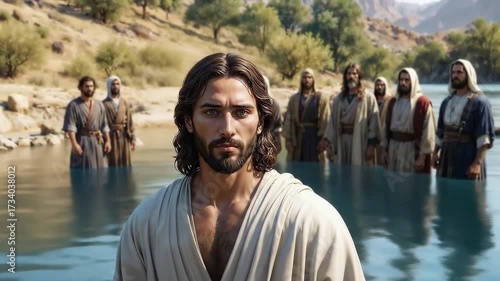 The Baptism of Jesus bible scene concept. Then Jesus came from Galilee to the Jordan river to be baptized by John the Baptist.