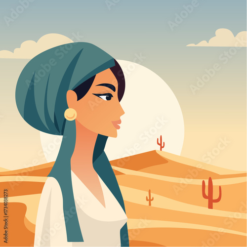 Sublime jeune femme type orientale, vue de profil dans le désert, beauté, Hijab, châle, sable, cactus, soleil, dunes