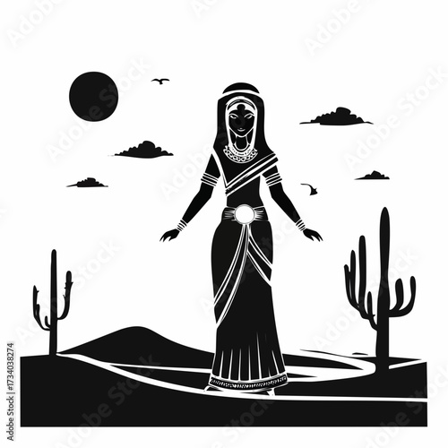 Illustration noir et blanc d'une femme élancée, drapée dans une longue tunique plissée qui épouse ses formes avec grâce, évoquant les plis sculptés du marbre antique, déesse, prêtresse, mythologie