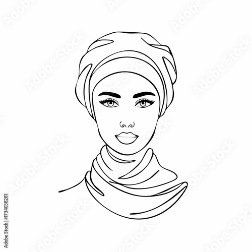 Visage féminin au feutre noir, contour uniquement ,sur fond blanc, voile dans les cheveux