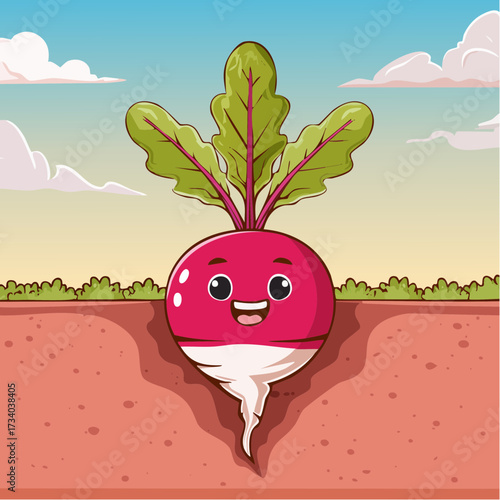 Un radis souriant en train de pousser dans la terre, vu en coupe, agriculture, culture, alimentation, écologie 