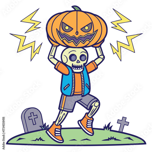 Energetic cartoon skeleton running through cemetery holding glowing pumpkin above him amidst crackling lightning bolts