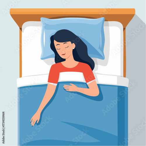 Jeune femme brune aux cheveux longs endormie dans son lit, vue du plafond