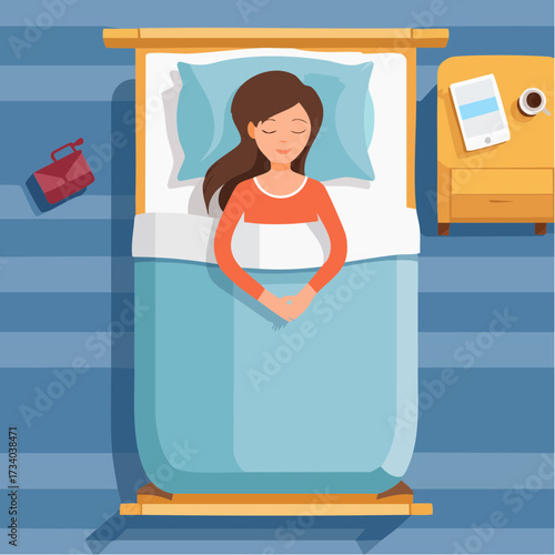 Jeune femme endormie dans son lit, vue du dessus 