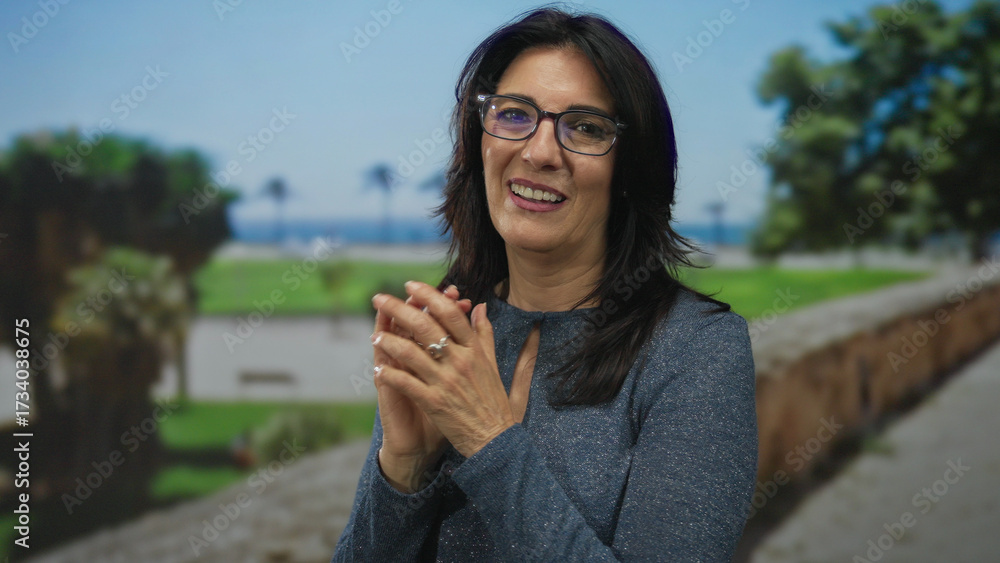 Fototapeta premium Woman wearing glasses smiling with clasped hands amid green grass in park pathway by stone wall; serenity.