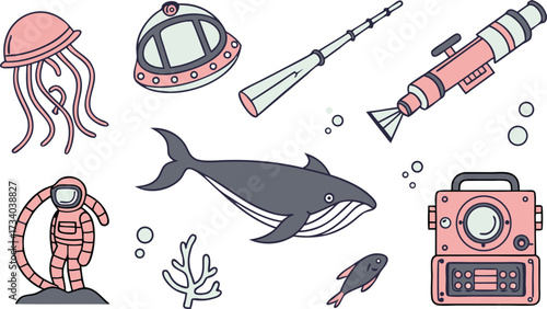 Whimsical ocean exploration gear illustration for kids' designs and creative underwater adventures, perfect for educational materials and playful themes