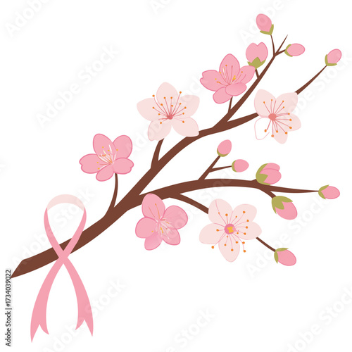 Pink ribbon rests delicately beside a flowering cherry branch full of pink blossoms