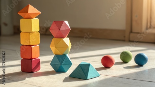 Colorful geometric wooden shapes stacked for creative play