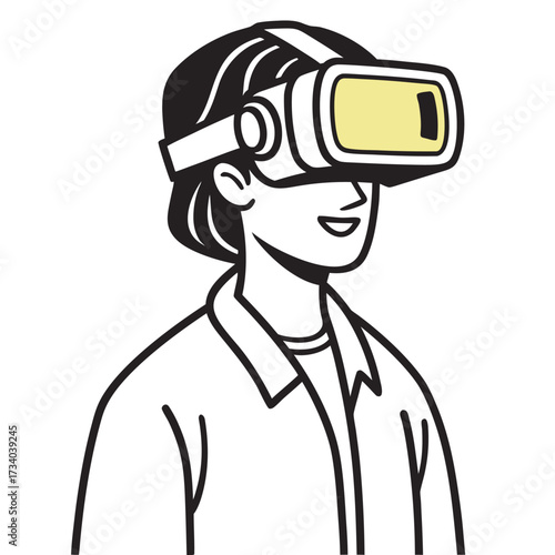 Smiling line art woman wearing virtual reality headset enjoys immersive technology