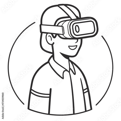 Smiling guy experiences virtual reality with his headset in a white background